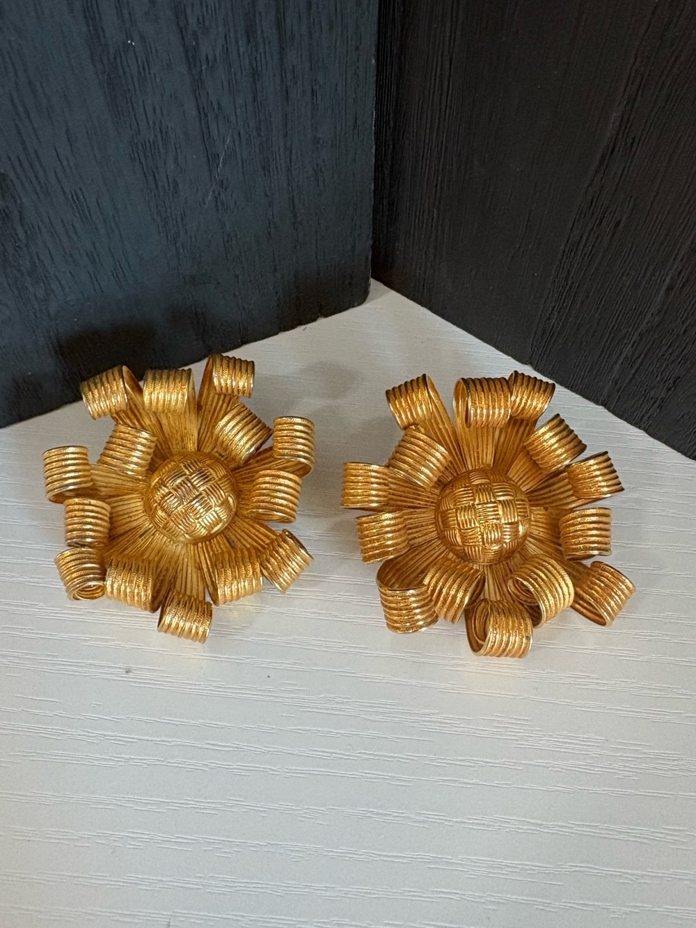 Dominique Aurientis Paris earrings massive flower ribbon gold tone clip on 3-d